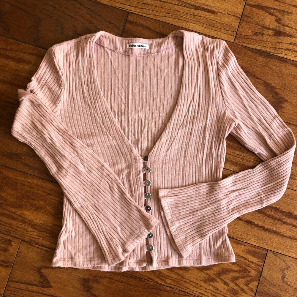 Reformation Ribbed Button-Front Long Sleeve Top in Dusty Pink